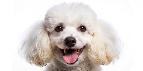 White Poodle with Tongue Out, Close Up, White Background, Fluffy Fur, Dog, Pet, Animal