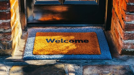 A cozy entrance mat saying welcome at a charming brick doorway in the warm afternoon sunlight