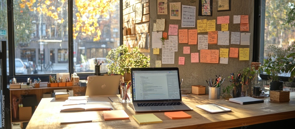 Poster a laptop, open notebooks, and sticky notes on a desk in front of a window.
