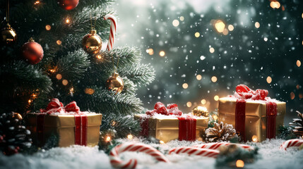 A festive Christmas and New Year scene with a lush pine tree, candy canes, golden gift boxes, and sparkling glass ornaments. Perfect for a greeting card, banner, or poster.