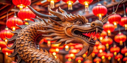 Obraz premium Wooden Dragon Statue with Red Lanterns, Chinese New Year, Asia, Tradition