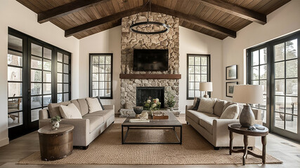 Farm house luxury style living room with a fireplace and a sconce hanging from the ceiling. Generative AI.