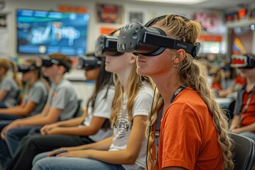 A group of students sits in a classroom wearing virtual reality headsets, fully immersed in a digital learning experience. The classroom is bright and colorful, enhancing their engagement