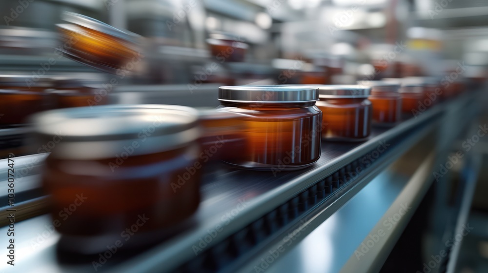 Poster blurred image of an assembly line in a modern food factory, focusing on jars being processed and pac