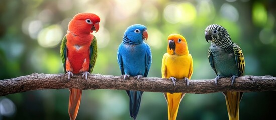 Obraz premium Four colorful parrots perched on a branch, looking into the distance with blurred green foliage in the background.