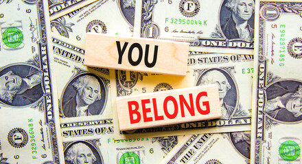 Belonging and you belong symbol. Concept words You belong on beautiful wooden blocks. Dollar bills. Beautiful background from dollar bills. Business belonging and you belong concept. Copy space.