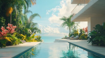 Bright tropical residence with a panoramic balcony and ocean views, octane render, 32k, UHD