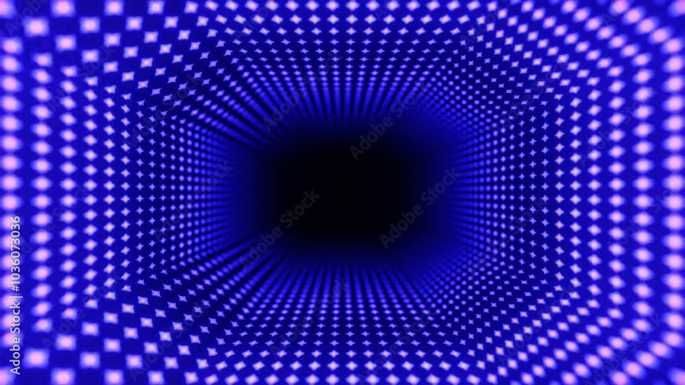 Poster 4k seamless looped animation. fly through mirror tunnel with neon pattern, glow lines form sci fi pa