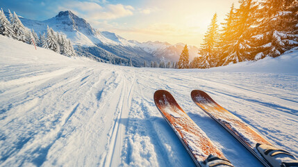 Skiing in beautiful sunny Austrian Alps on an empty piste on a sunny winter day