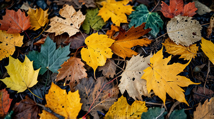 Obraz premium a colourful fallen leaves and dead leaves piled up on the ground