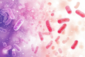 A white and red bacteria under the microscope background, light purple and soft pink color scheme.
