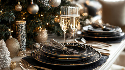 Fototapeta premium A festive table setting with elegant plates, napkins, and glasses. Champagne sparkles beside Christmas tree branches and decorations, creating a cheerful Christmas and New Year's atmosphere.
