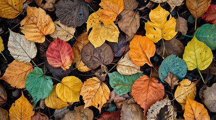 a colourful fallen leaves and dead leaves piled up on the ground