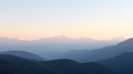 Fototapeta premium Sunrise over serene mountain ranges with misty valleys in the early morning light captured in a tranquil landscape