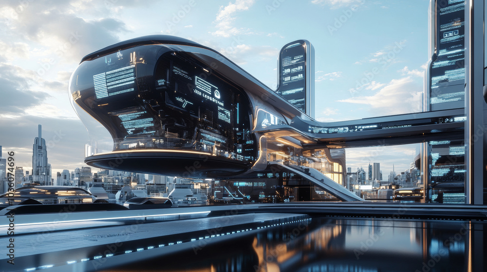 Poster a futuristic building with smart home technology. it shows how technology connects and communicates 