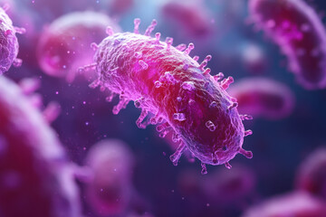 Close-up of delicate purple and pink microscopic bacteria.