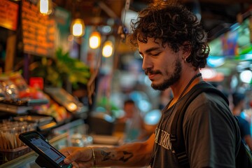 Fototapeta premium A young man stands in a lively night market, focused on using a tablet to place an order. Surrounding him are colorful stalls filled with food, creating a bustling atmosphere