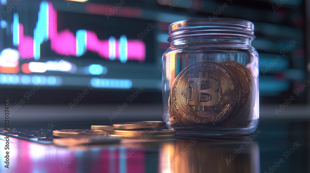 Aufkleber glass jar with bitcoin coins on blurred background of monitor with color chart of rate change on cry