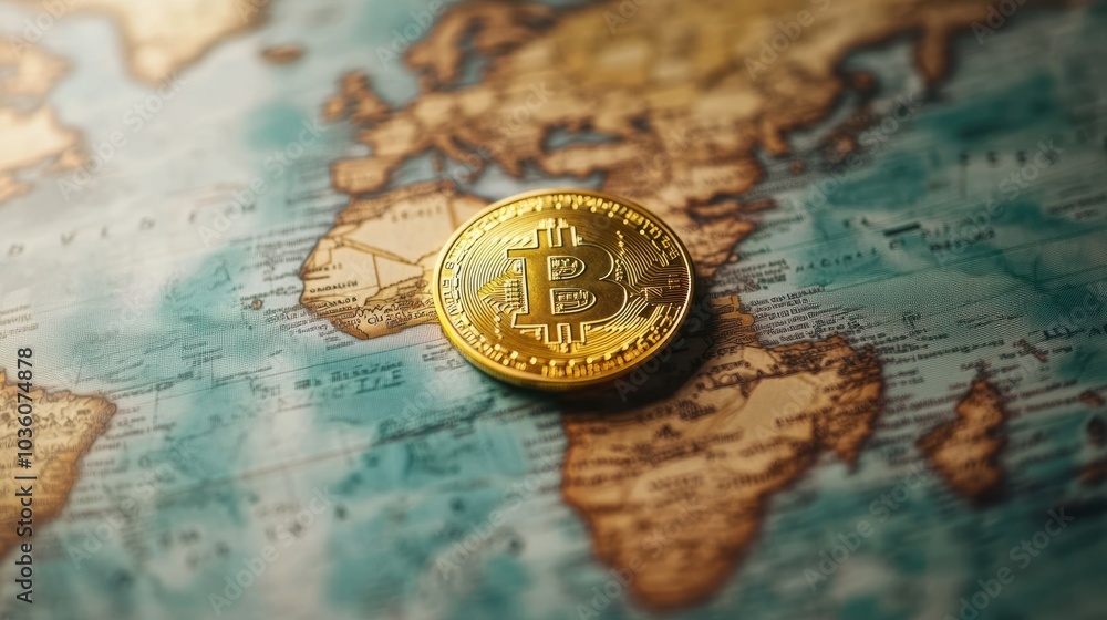 Poster golden bitcoin physical coin is placed on top of a world map showing all continents