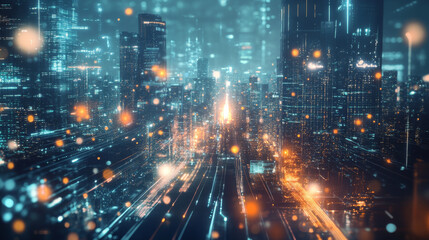 A futuristic city at night, glowing with lights and connections. It represents the Internet of Things (IoT), smart technology, and super-fast networks.