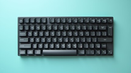 A close-up view of a sleek black computer keyboard on a turquoise surface highlighting its simple, elegant design