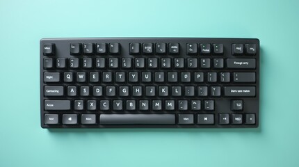 A close-up view of a sleek black computer keyboard on a turquoise surface highlighting its simple, elegant design
