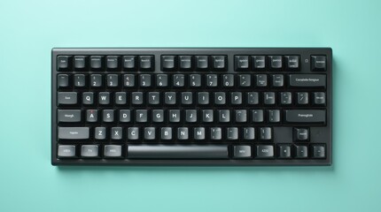 A close-up view of a sleek black computer keyboard on a turquoise surface highlighting its simple, elegant design