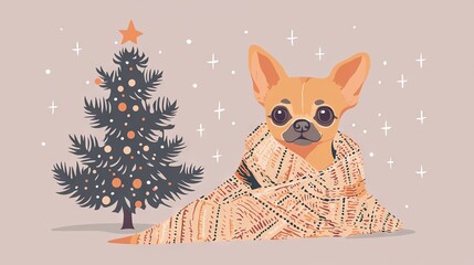  A dog wrapped in a blanket sits in front of a Christmas tree with a star atop its head