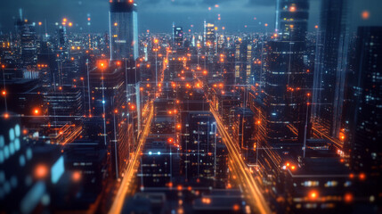 Fototapeta premium A futuristic city at night, glowing with lights and connections. It represents the Internet of Things (IoT), smart technology, and super-fast networks.