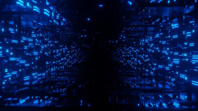 Tunnel of glass luminous blocks. Fly through technology cyberspace with neon glow. Sci-fi flight through hi-tech technology tunnel. Hologram and neon light. 3d looped seamless 4k bg. Data flow