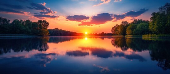 Obraz premium A serene sunset over a still lake, with colorful reflections of the sky and clouds in the water.