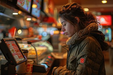 Fototapeta premium A young woman stands at a digital kiosk in a bustling fast-food restaurant, contemplating her order while surrounded by vibrant menu displays and the dinner rush ambiance