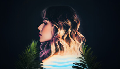 A woman portrait, in profile with a sythwave or vaporwave lofi aesthetic, tropical plants and ocean waves , a throwback nostalgic theme for salon, beauty, cosmetics or fashion brand, bar lounge sign