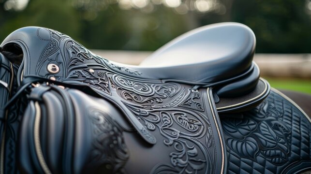 A closeup of a sleek black saddle with intricate detailing resting on a wooden fence at a prestigious jumping competition.
