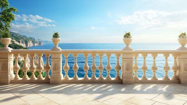 Luxury stone fence on the balcony or terrace of a luxurious house, villa, or home, with a beautiful scenic summer view of the sea or ocean. Enjoying relaxation and leisure, resort and travel, holiday