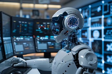 In a high-tech command center, a detailed robot with a digital interface engages with an array of computer screens displaying data. Its design reflects advanced technology and robotics