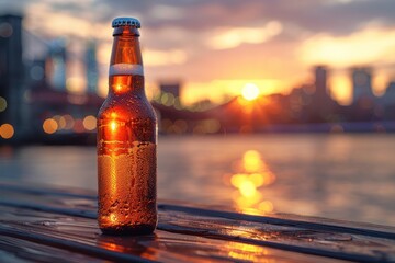 Glass Bottle Mockup on Wooden Table with City Skyline at Sunset