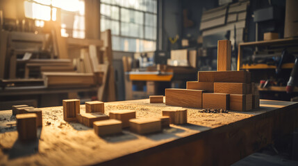 Wooden blocks are neatly arranged on woodworking table in sunlit workshop, creating warm and inviting atmosphere. room is filled with tools and wooden materials, showcasing craftsmanship