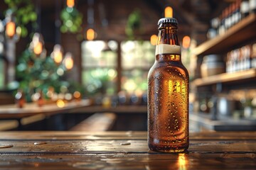 Unique amber beer mockup with a bar counter in the background.