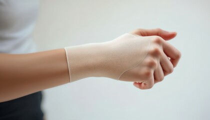 The wrist is wrapped in a soft, textured bandage, designed for support and comfort, illuminated by gentle natural light to emphasize its fit.