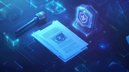 A futuristic vision of ethical business practices, symbolized by a document, gavel, and shield with an approval mark. This modern design features glowing polygons on a dark blue background.