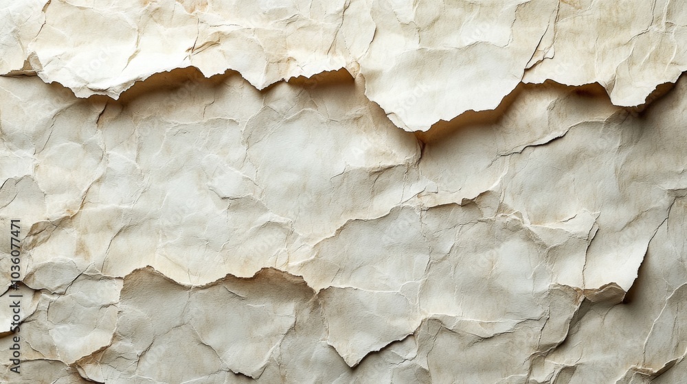 Fototapete This background features crumpled old paper with uneven edges and a soft, neutral color palette, ideal for artistic or design purposes. The texture adds depth to any project.