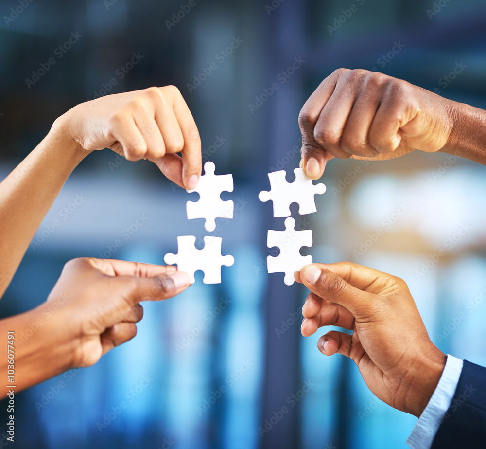 Poster hands, corporate and people with puzzle in office of problem solving, collaboration and creative int
