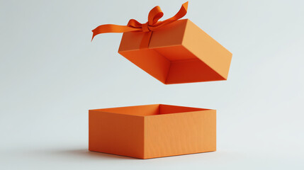 open orange gift box with ribbon floats above its base, creating sense of surprise and anticipation. minimalist design highlights vibrant color and elegant presentation