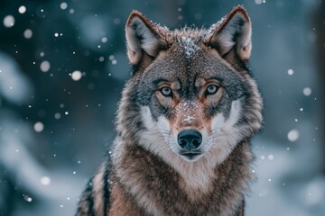 Obraz premium A majestic wolf stands in a dreamy winter scene. Snowflakes gently fall around it. This stunning image captures the beauty of nature and wild life. Generative AI