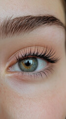 Obraz premium A close-up of a woman's eye, with long eyelashes, a defined eyebrow, and a hint of green in the iris 