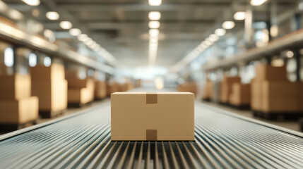 packed carton box sits on production line in spacious warehouse, surrounded by other boxes, under bright industrial lighting. scene conveys efficiency and organization