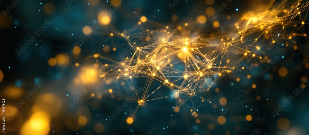 Poster abstract glowing network of connected dots and lines in a dark blue background.