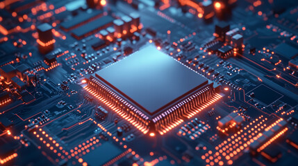 Obraz premium A glowing computer chip sits on a blue circuit board. This is a representation of a CPU processor or semiconductor used in technology.
