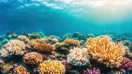 Fototapeta premium Dying coral reef surrounded by vibrant sea creatures, showcasing the effects of ocean pollution and climate change